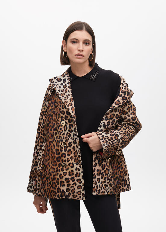 Short animal print trench-style three-quarter-length jacket with belt