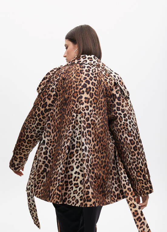 Short animal print trench-style three-quarter-length jacket with belt