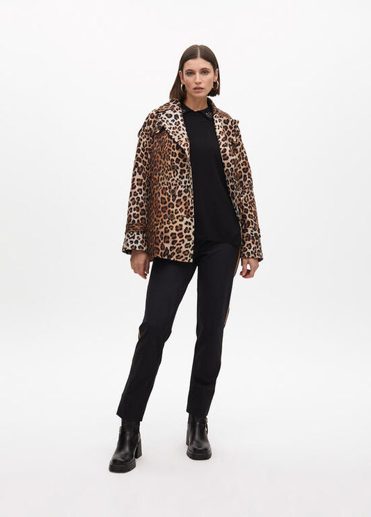 Short animal print trench-style three-quarter-length jacket with belt