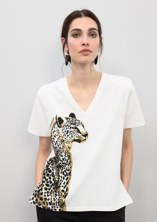 V-neck Animal Print T-shirt with Beads