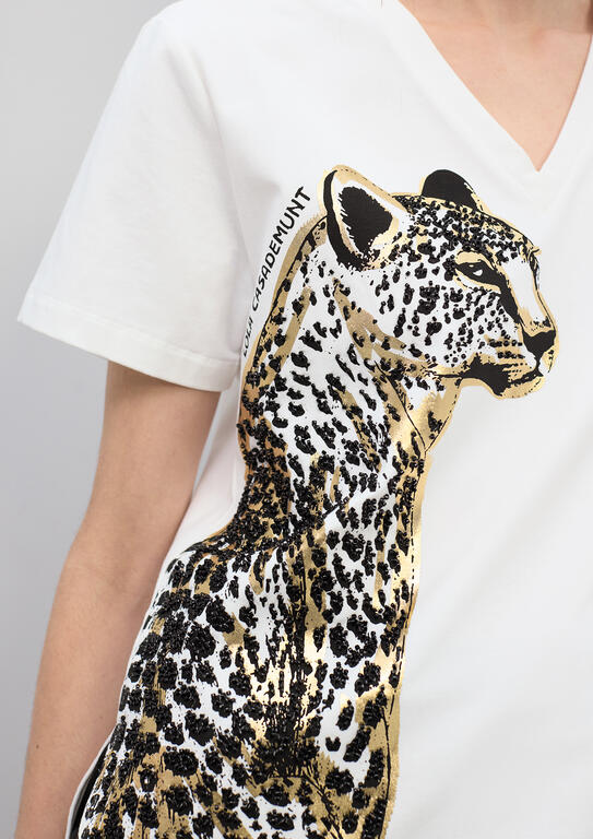 V-neck Animal Print T-shirt with Beads