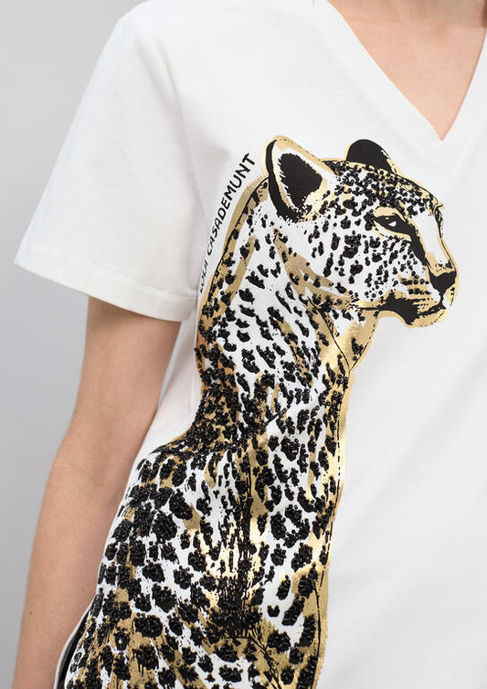 V-neck Animal Print T-shirt with Beads