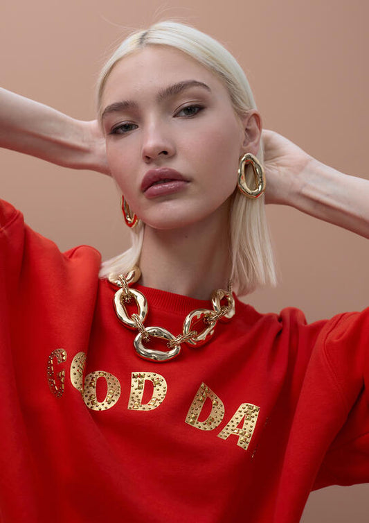 Crew Neck Fleece Sweatshirt with 'Good Day' Text