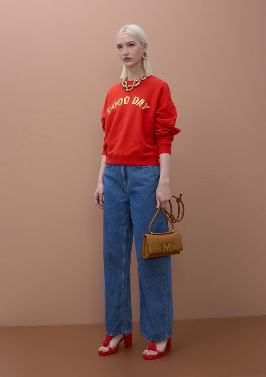 Crew Neck Fleece Sweatshirt with 'Good Day' Text